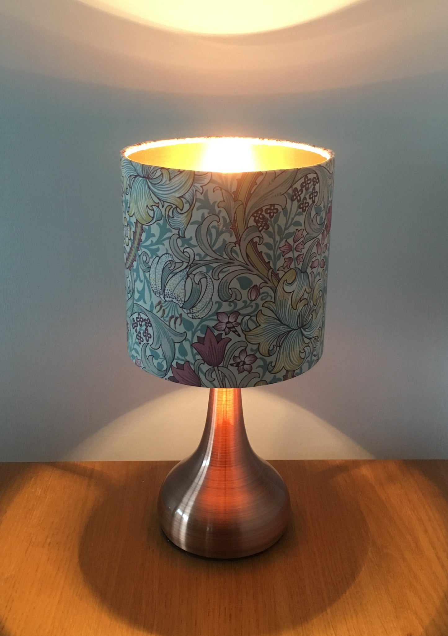 William-Morris-Golden-lily-dusk-table-lampshade-table-light with copper lining