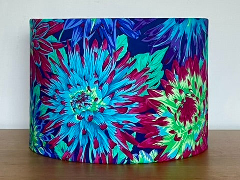 Colorful floral-patterned lampshade made with Kaffe fassett cactus dhalia fabric