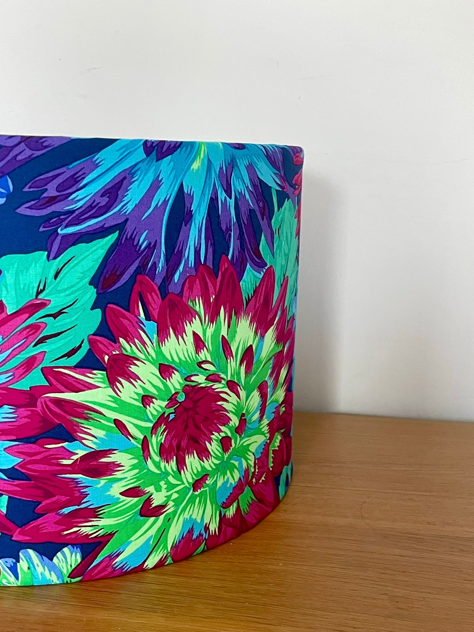 Bight floral lampshade pink, purple blue and green dahlia flowers