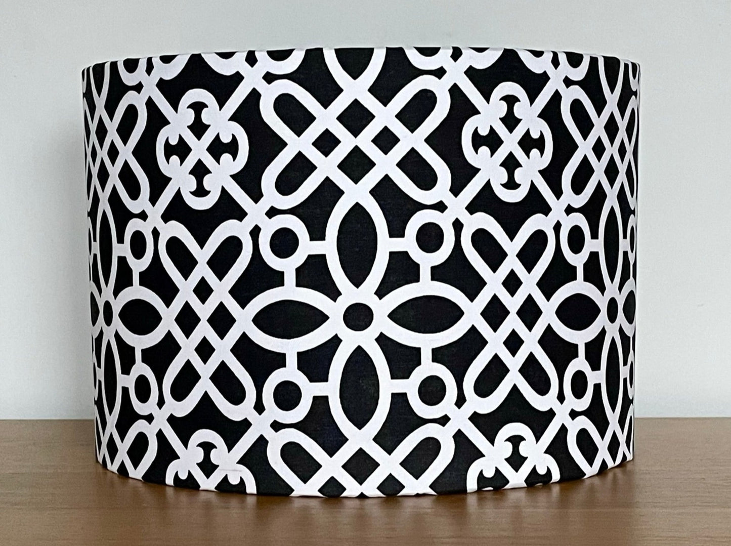 black and white moroccan style lampshade with intricate monochrome pattern