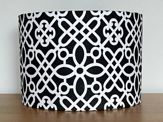 black and white moroccan style lampshade with intricate monochrome pattern