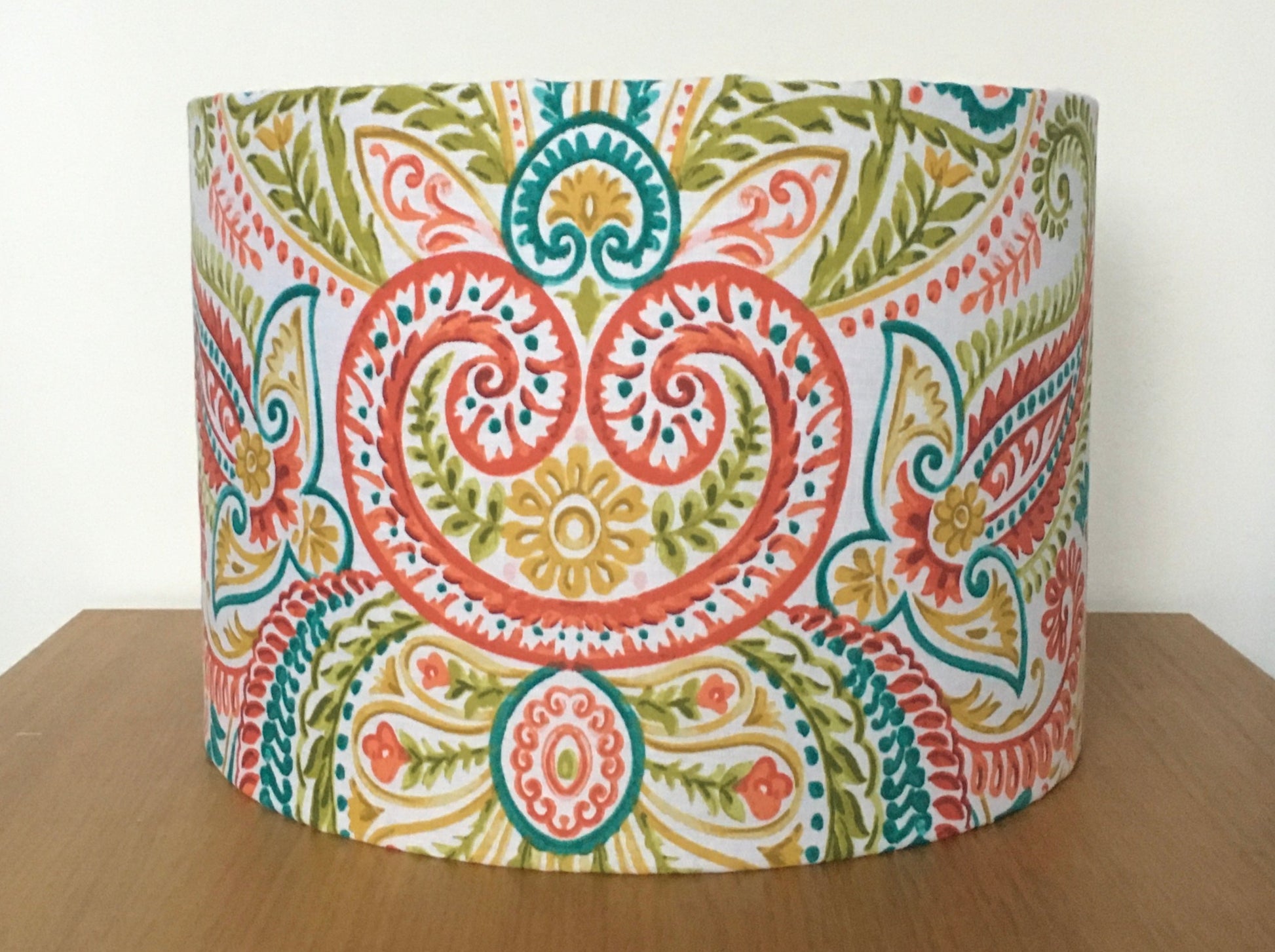 Multi bright colour retro red yellow green vintage paisley fabric drum lampshade for table lamps or ceiling pendants purple cats handmade