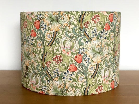 William Morris Golden lily fabric drum lamp shade by purple cats handmade lampshades