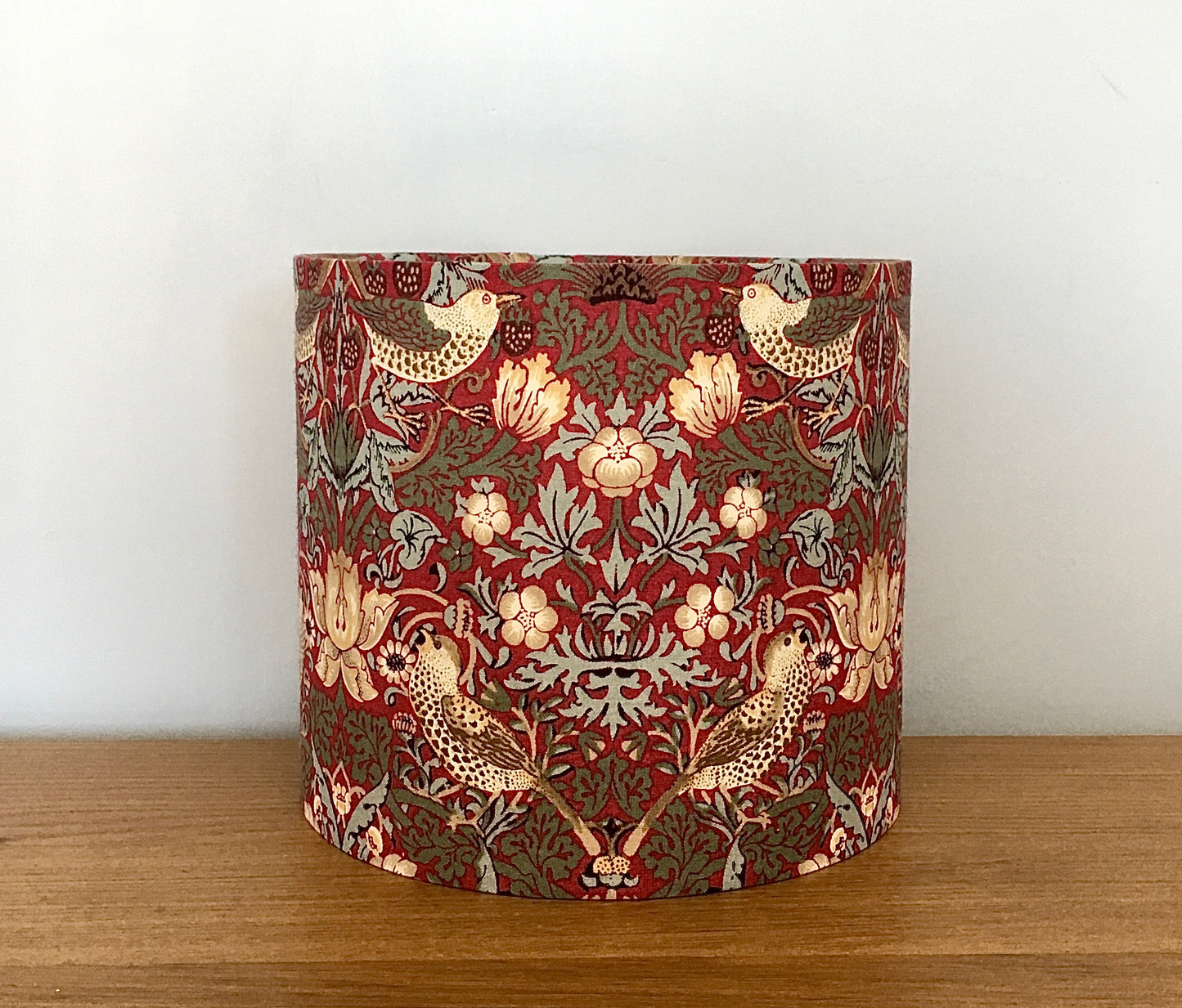    William-Morris-Red-strawberry-thief-drum-lampshade-sideboard-lamp