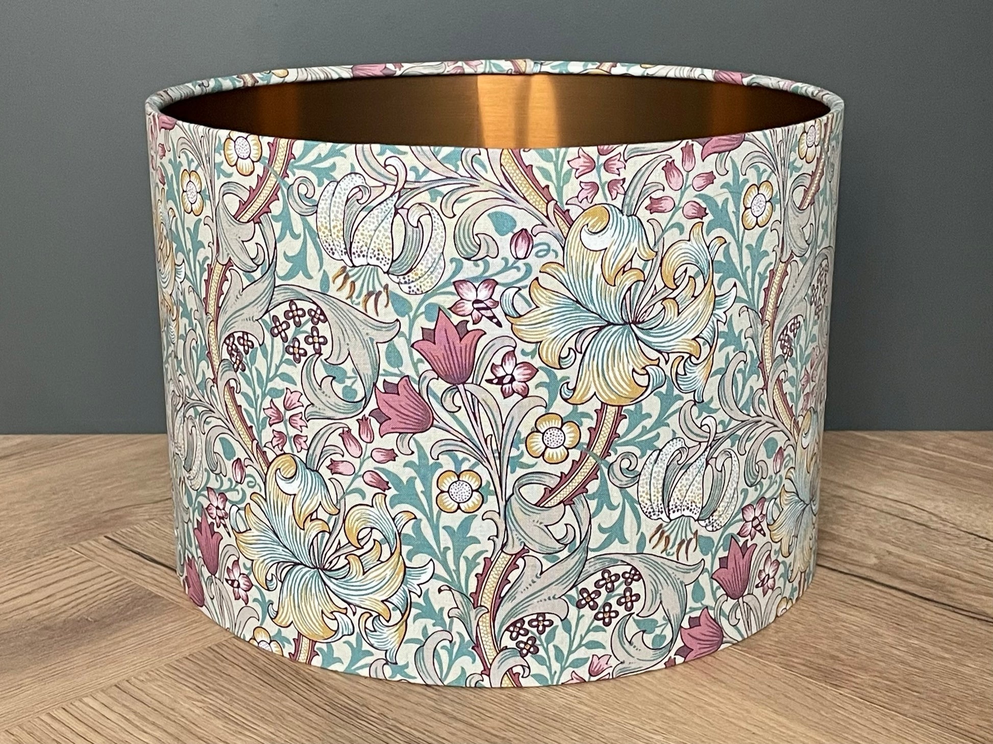 William Morris golden lily lampshade with copper lining