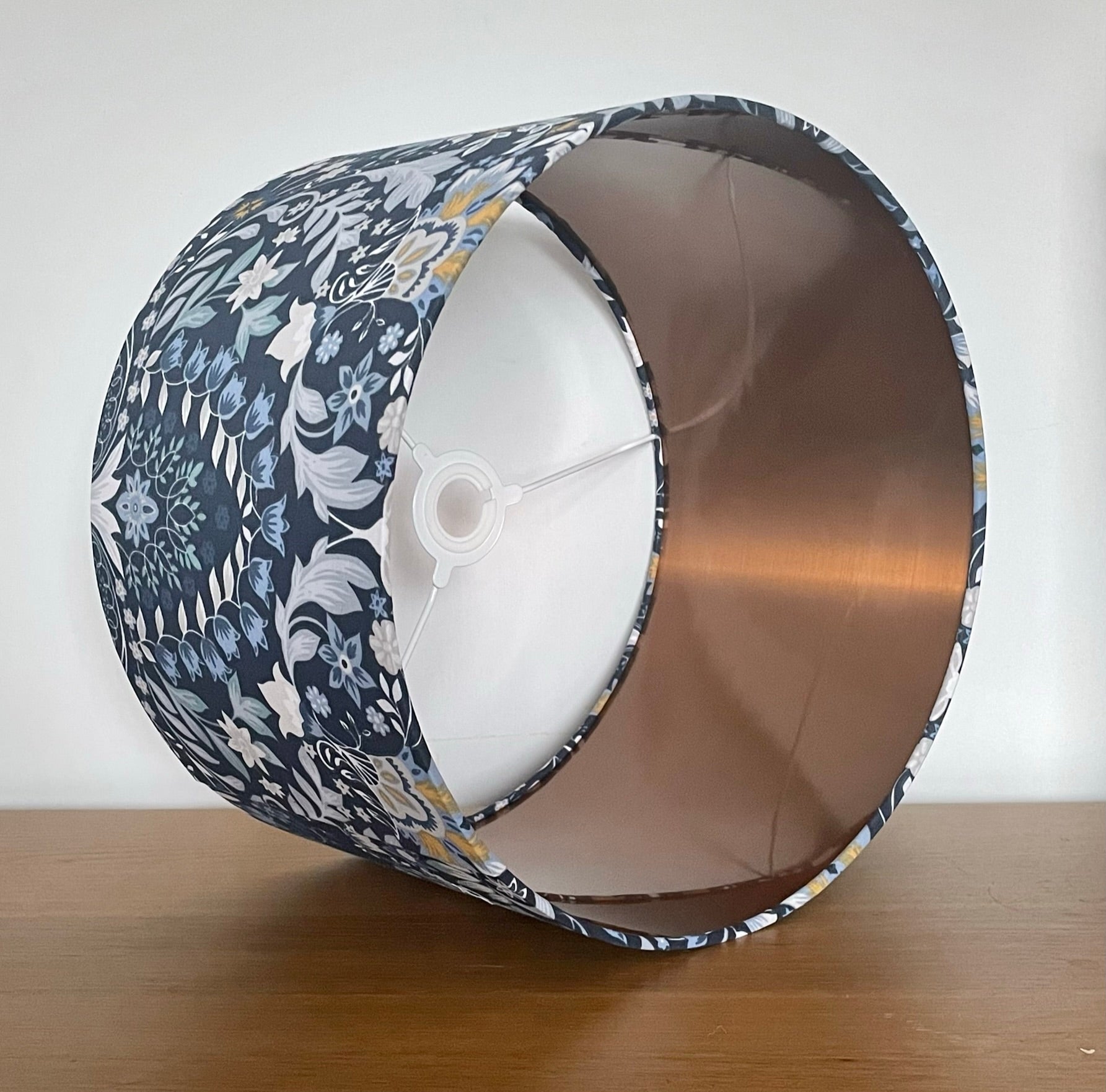    william-morris-style-blue-lampshade with copper lining